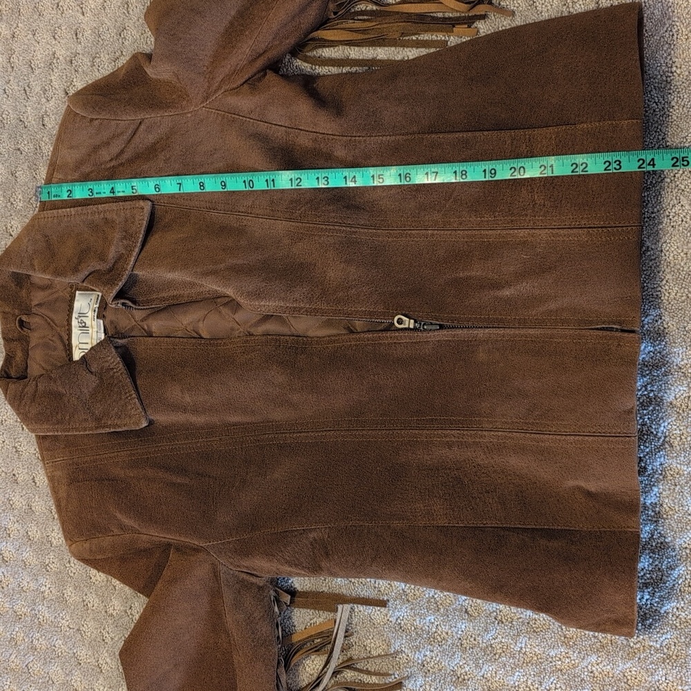 Brown 100% Leather Zip Up Jacket With Fringe Arms. Comint Brown Leather Coat - Picture 13 of 15